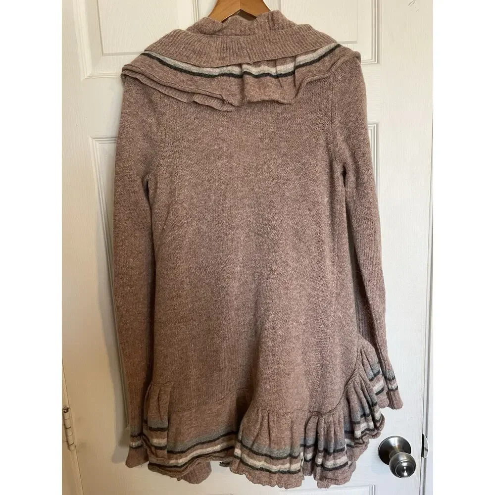Sparrow Anthropologie Y2K Boho Wool Blend Beige Ruffle Open Front Cardigan Med